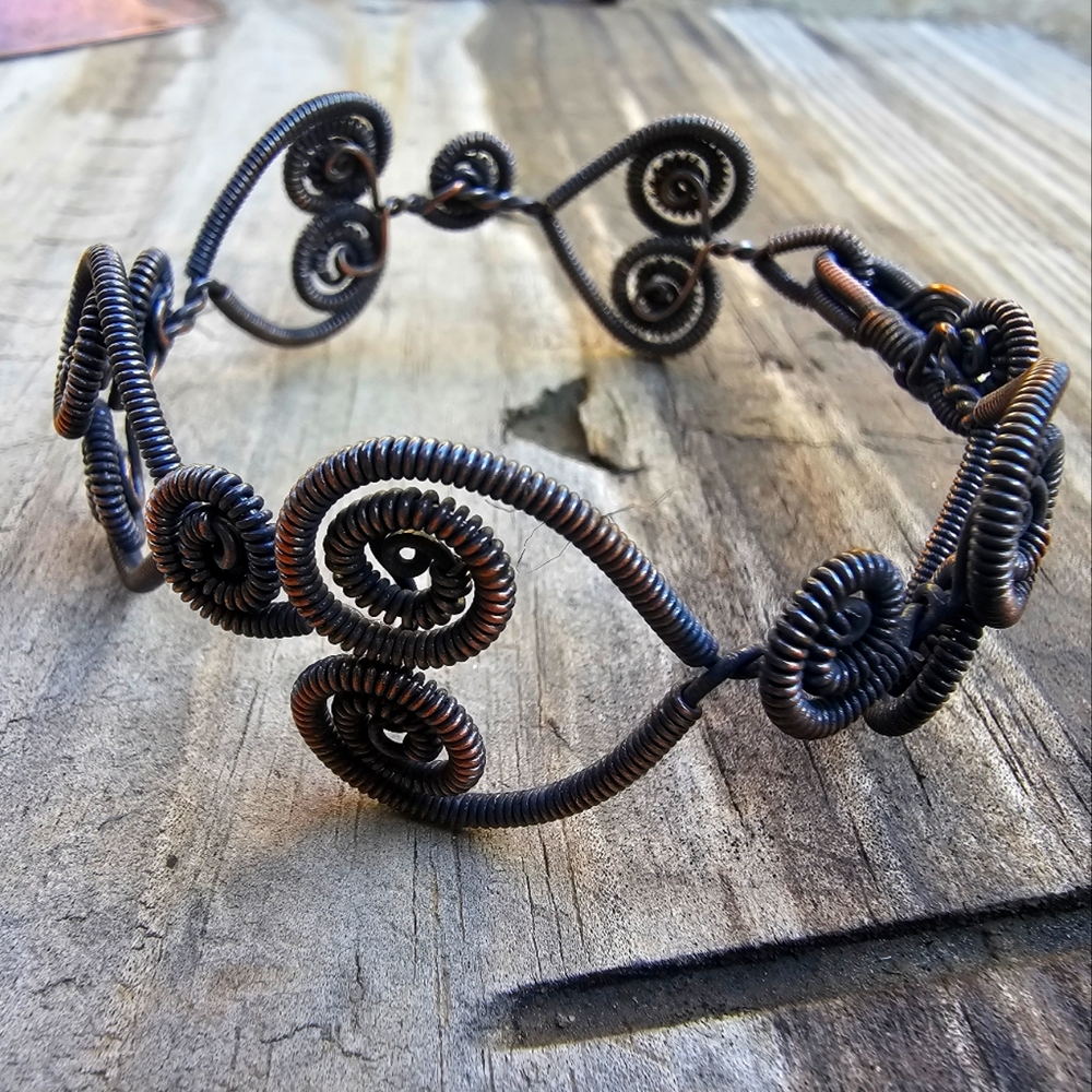 Copper Coiled Heart Rosette Swirl  Bracelet